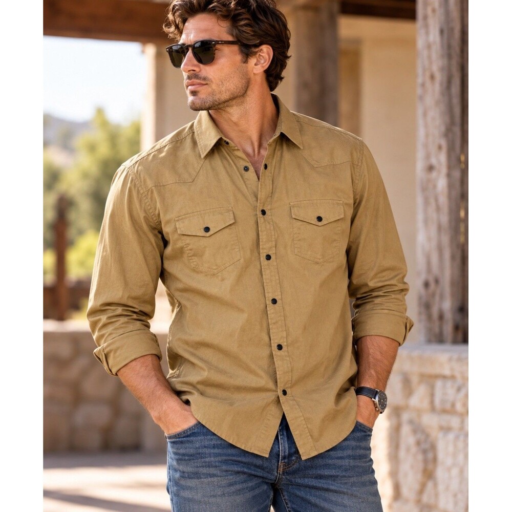 Outlander Mens L Western Shirt Tan Cotton Blend Snap Button Cowboy Ranch NWT